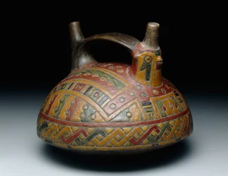 Dobbelt-tud rem-håndtag fartøj forestillende en falk, tidlig horisont, epoke 8, ca. 500-400 f.Kr. (keramik & harpiks-suspenderet maling)