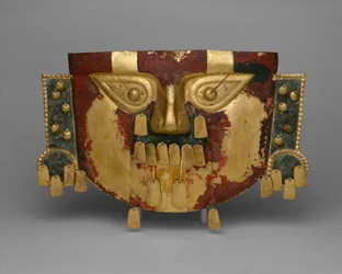 Peruviansk begravelsesmaske, 900-1100 e.Kr. (guld, sølv-kobber overlays, cinnober)