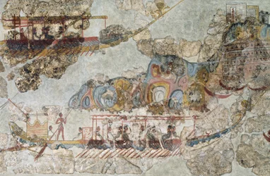 Flåde af skibe, freskomaleri fra Thera, Sydlige Kykladerne, Grækenland kykladisk civilisation, 3.-2. årtusinde f.Kr.