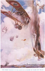 Fjenden styrtede ned til jorden i en røgsøjle (farve litho)