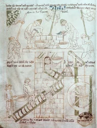 Ms 23 C 124 fol.3 Konstruktionen af Babelstårnet, fra Velislav-bibelen, ca. 1340