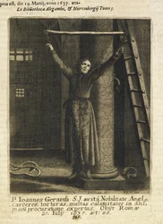 John Gerard, en engelsk jesuiterpræst, suspenderet fra lænker på fangehullet i Tower of London (gravering)