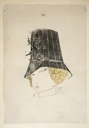 Design til en hat, plade 4, illustration fra "Wiener Werkstatte Mode 191415", udg. Eduard Kosmack, Wien, 1914-1915 (håndkoloreret linolieskrift)