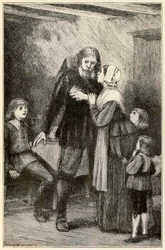 Christian betror sig til sin kone fra The Pilgrims Progress From This World, To That What Is To Come af John Bunyan (1628-1688) illustration af Thomas Dalziel (1823-1906) Christian med den tunge byrde