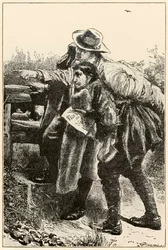 Evangelist viser vejen fra The Pilgrims Progress From This World, To That Who Is To Come af John Bunyan (1628-1688) illustration af Thomas Dalziel (1823-1906) Evangelist viser Christian the wa