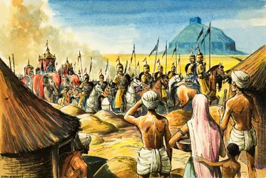 Indfødte ser til, mens et optog af elefanter og soldater nærmer sig et fort (gouache på papir)