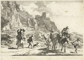 Kvinde på et pakket æsel, mand med ko og andre rejsende i bjerglandskab Southern Landscapes (serietitel)