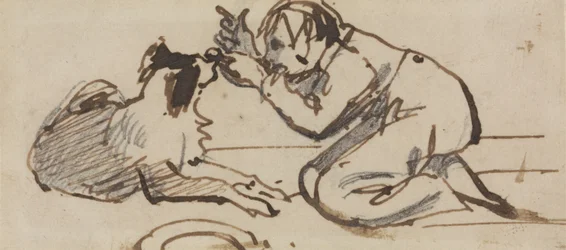 Et barn leger med en hund (blyant, kuglepen og brunt blæk på papir)