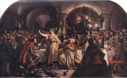 Spøgelset fra Banquo (Macbeth) "Prithee, se der! se! se! Se! Hvordan siger du?", fra The Complete Works of William Shakespeare pub.af J Coker & Co Ltd (farve litho)