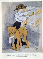 Marguerite Durand klistrer sin valgplakat, illustration fra 