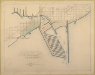 Plade 72 fra The Plan of Chicago, 1909: Chicago. Skitsediagram af dokker foreslået ved munden...