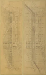 Plade 79 2 Tegninger fra The Plan of Chicago, 1909: Foreslået placering og arrangement af...