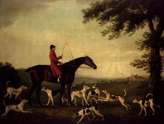 Jæger med hunde i et landskab