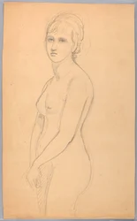 Tegning, kvindelig nøgen stående, 1860-70