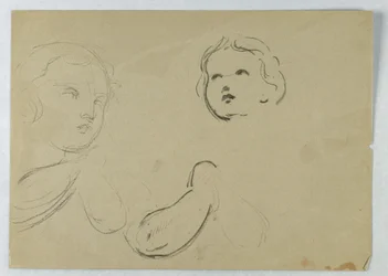 Tegning, hoved- og armstudier af et barn, 1840-45