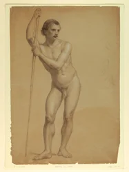 Tegning, mandlig nøgen stående, to S, 1866