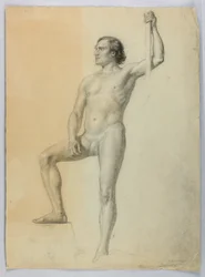 Tegning, Mandlig nøgen med en fod på et trin, 1858