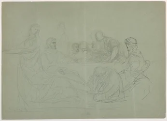 Tegning, Maria vasker Kristi fødder, flere mænd sidder ved et bord; bagside: noter, 1852
