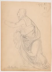 Tegning, klædt kvinde, der rækker ud, efter Mariotto Albetinelli, 1844