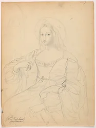 Tegning, siddende figur i hofdragt efter Rafaels portræt Jeanne D