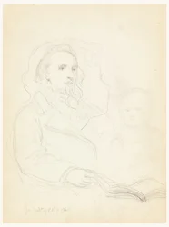 Tegning, Skitser til "Lesson of Charity" og portræt af Peter Richards, Jr. 1849