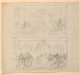Tegning, to figurkompositioner til maleriet "Lady Washingtons modtagelse", 1860
