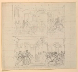 To figurkompositioner til maleriet "The Republican Court" (Lady Washingtons receptionsdag)