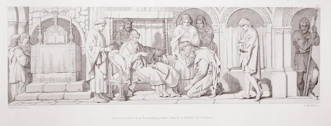 Harold, der er vendt tilbage fra Normandiet, præsenterer sig selv for Edward Bekenderen, fra "The Story of the Norman Conquest", graveret af L. Gruner, 1866