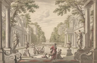Udsigt over en paladshave med et centralt bassin omgivet af klassisk arkitektur ..., ca. 1700-1720