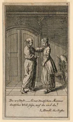 A Father or Guardian Talking to a Girl, Illustration af skuespillet "Not more than sachs Schuesseln" af Fredrich Wilhelm Grossman i "Königl: Grosbrit [anian] genealogical calendar for the 1782 year Lauenberg by J.G. Berenberg"
