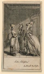 En ældre kvinde, der skælder ud på en pige, illustration af skuespillet "Not more than sachs Schuesseln" af Fredrich Wilhelm Grossman i "Königl: Grosbrit [anian] genealogical calendar for the 1782 year Lauenberg by J.G. Berenberg"