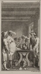 Scheerers hund slikker det farvede vand fra et ødelagt kar under bordet, omkring hvilket 4 bønder sidder og 3 står og ryger og drikker tobak. ob. III, s. 61