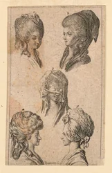 Five Headbears, as Worn by Berlin Women, Illustration for "Königl: Grosbrit [anian] genealogical calendar for the 1782 year Lauenberg by J.G. Berenberg"