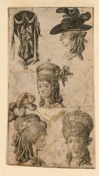 Fem hovedbeklædninger til kvinder, to fragmenter af illustrationer til "Königl: Grosbrit [anian] genealogisk kalender for 1781-året Lauenberg af J.G. Berenberg"