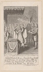 Kurfyrst Frederik 3. af Brandenburg kroner sig selv, blad 1 i serien «Ældre, mellemste og nyere historie»