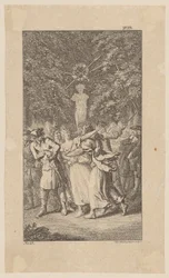 Miss Wests bortførelse under et hyrdespil af Molière i en lund, planche 15 fra “Johann Bunkels liv, bemærkninger og meninger”