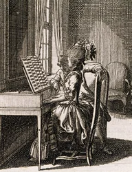 Musik, kvinde, der spiller spinet, af Daniel Nikolaus Chodowiecki (1726-1801), fra Occupations des dames, Tyskland, Polen