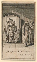 Det ældre par afslutter hovmodigt et besøg, illustration af skuespillet "Not more than sachs Schuesseln" af Fredrich Wilhelm Grossman i "Königl: Grosbrit [nische] genealogical calendar on the 1782 year Lauenberg by J.G. Berenberg"