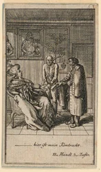 Den ældre kvinde hyrer en mand, illustration af skuespillet "Not more than sachs Schuesseln" af Fredrich Wilhelm Grossman i "Königl: Grosbrit [anian] genealogical calendar for the 1782 year Lauenberg by J.G. Berenberg"