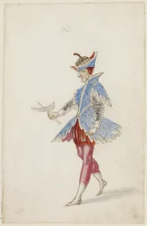 Mandsfigur i blåt og rødt kostume fra Ballet des quatre saisons de lAnnee, 1626 (brunt blæk, wc & metallisk maling over en undertegning af sort kridt på lagt papir)