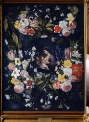 Krans af blomster med Madonna og barn (blomsterkrans med Madonna og barn). Maleri af Daniel Seghers (1590-1661). Olie på lærred, 82 x 64 cm. flamsk kunst, barokkunst. Statens kunstmuseum, Tula (eller Tolan).