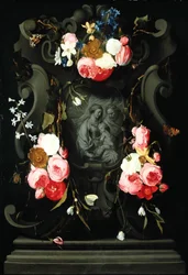 Blomsterkrans med den hellige familie, 1625-27 (olie på kobber)