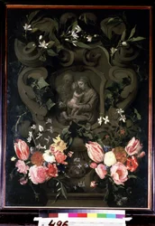 Madonna og barn, Sankt Elisabeth og Johannes Døberen som barn i en blomsterkrans. Maleri af Daniel Seghers (1590-1661). Olie på kobber, 84 x 61 cm
