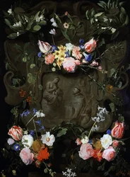 Marmorniche dekoreret med blomster og med en fremstilling af jomfruens tilbedelse. Maleri af Daniel Seghers (1590-1661) Privat samling.