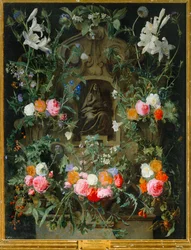 Jomfruen i en blomsterkrans (olie på lærred)