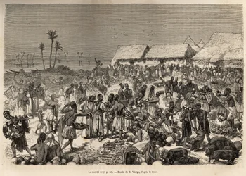 En meget animeret march nær Congo-floden, der samler mere end tre tusinde mennesker, ætset efter en tegning af D.Vierge, der illustrerer David Livingstones sidste dagbog (1813-1873), i 1866-1873, udgivet i "Le tour du monde" 1875, redigeret af Edouar