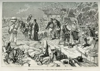 Nogle almindelige scener fra Salone-messen (Kroatien), salg af frugt, grøntsager, fjerkræ og lam, samt borde, der er opstillet til afsaltning. Gravering efter tegningen af Jomfruen, til illustration af rejsen til Dalmatien, af Charles Yriarte, i 1874, udgi