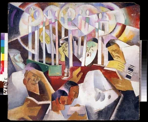 Stearinlys og silhuetter - Maleri af Vladimir Davidovich Baranov Rossine (Baranov-Rossine) (Wladimir Daniel Baranoff Rossine (Baranoff-Rossine) (1888-1944) - Olie på lærred, 68 x 76 cm - Russisk kunst, avantgarde - State Open Air Mu