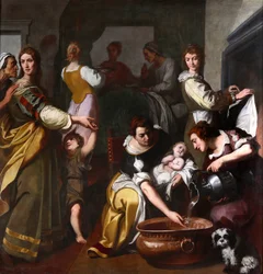 Jomfruens liv: "" Marias fødsel"" Maleri af Daniele Crespi (1598-1630) Museo della Basilica di Santa Maria Assunta fra det 17. århundrede, Gallarate, Italien