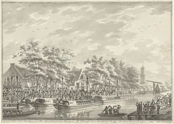 Amsterdammers ankomst til Utrecht, 1787 Udsigt over ankomsten af ​​Amsterdam-borgerne ved Utregt ved De Rooy Brug. Efter Den Dom at se. 1787. (titel på objekt)